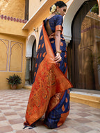 Janasya Navy Blue Silk Blend Woven Ethnic Motifs Woven Design Saree