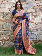 Janasya Navy Blue Silk Blend Woven Jaal Motif Woven Design Saree - Distacart