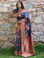 Janasya Navy Blue Silk Blend Woven Jaal Motif Woven Design Saree - Distacart