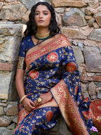 Janasya Navy Blue Silk Blend Woven Jaal Motif Woven Design Saree - Distacart
