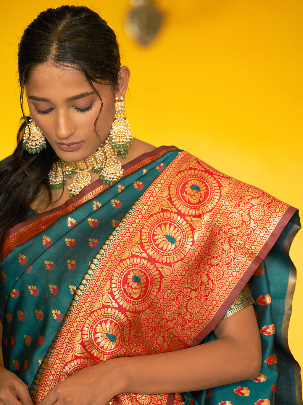 Janasya Green Silk Blend Woven Ethnic Motifs Woven Design Saree - Distacart