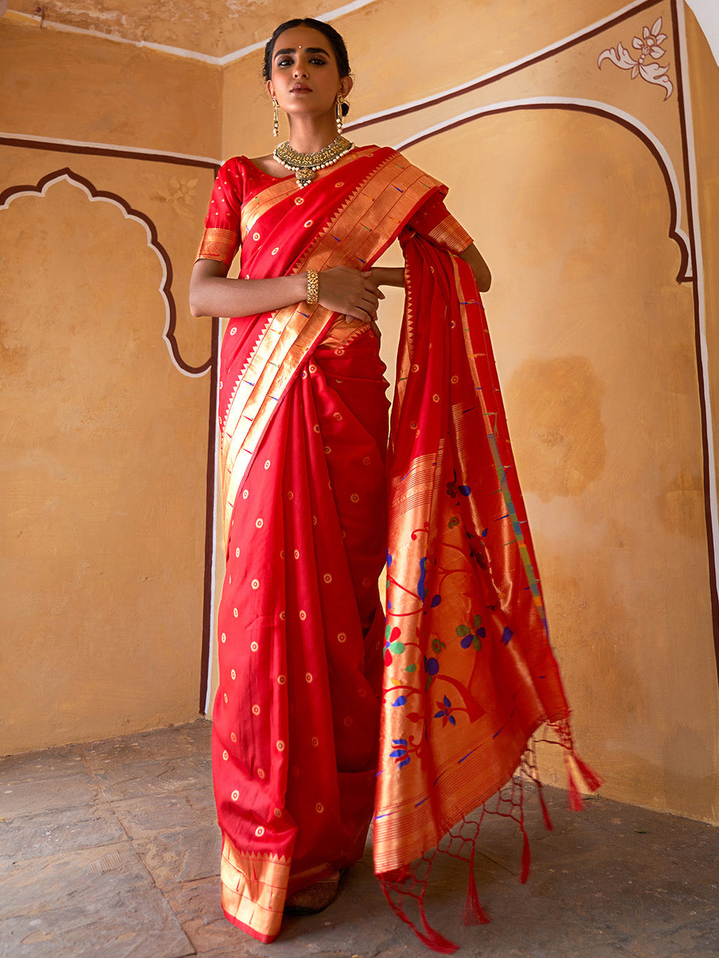 Janasya Red Paithani Silk Ethnic Motifs Paithani Silk Saree