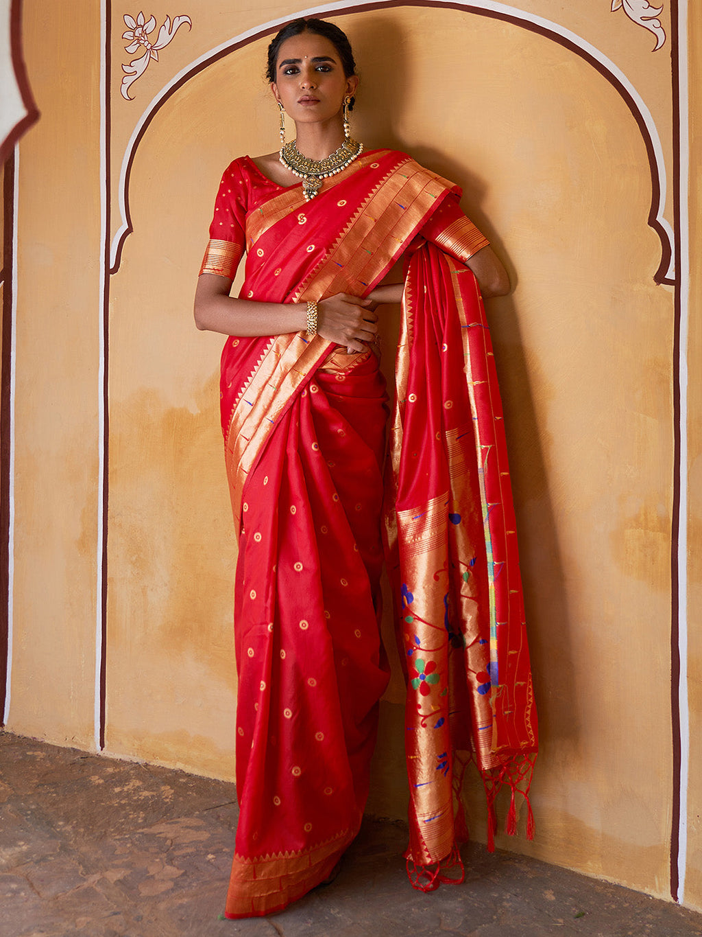 Janasya Red Paithani Silk Ethnic Motifs Paithani Silk Saree