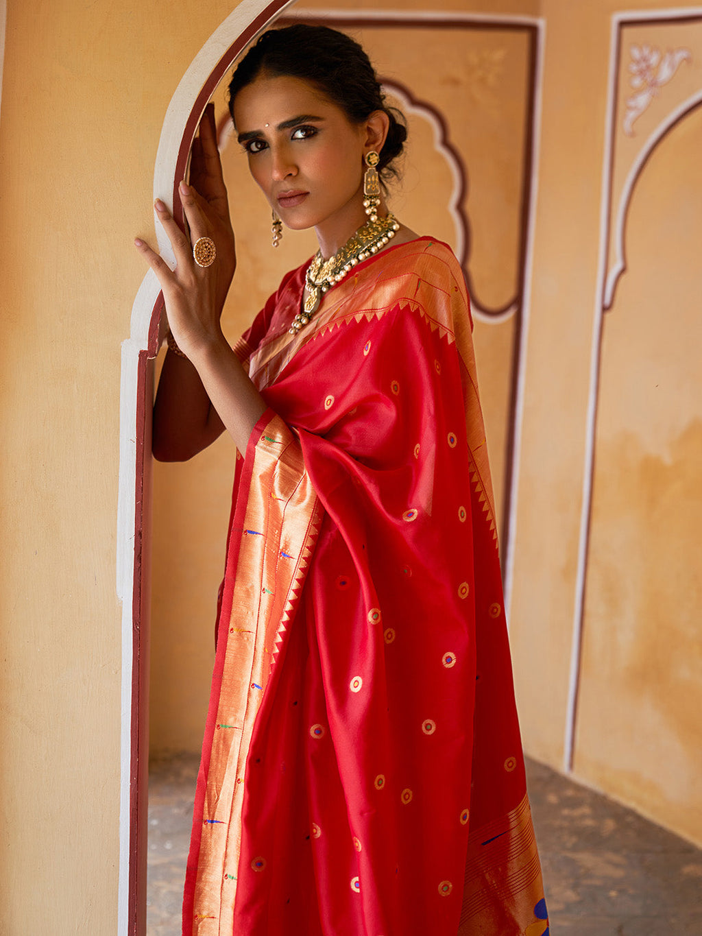 Janasya Red Paithani Silk Ethnic Motifs Paithani Silk Saree