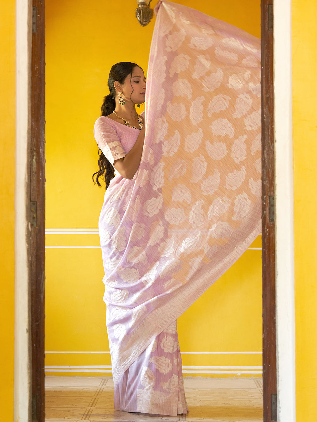 Janasya Lavender Linen Cotton Woven Paisley Woven Design Saree - Distacart