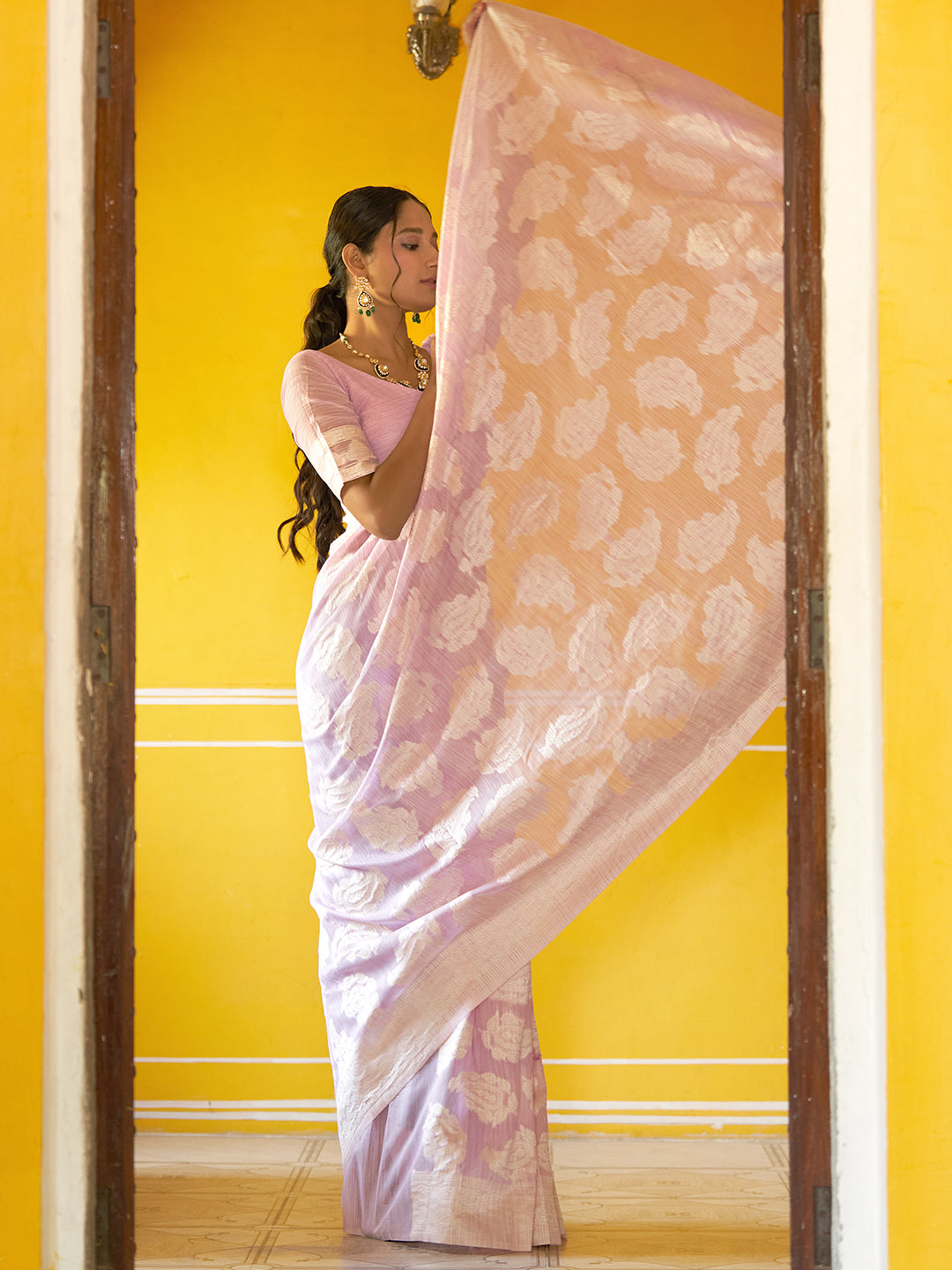 Janasya Lavender Linen Cotton Woven Paisley Woven Design Saree - Distacart