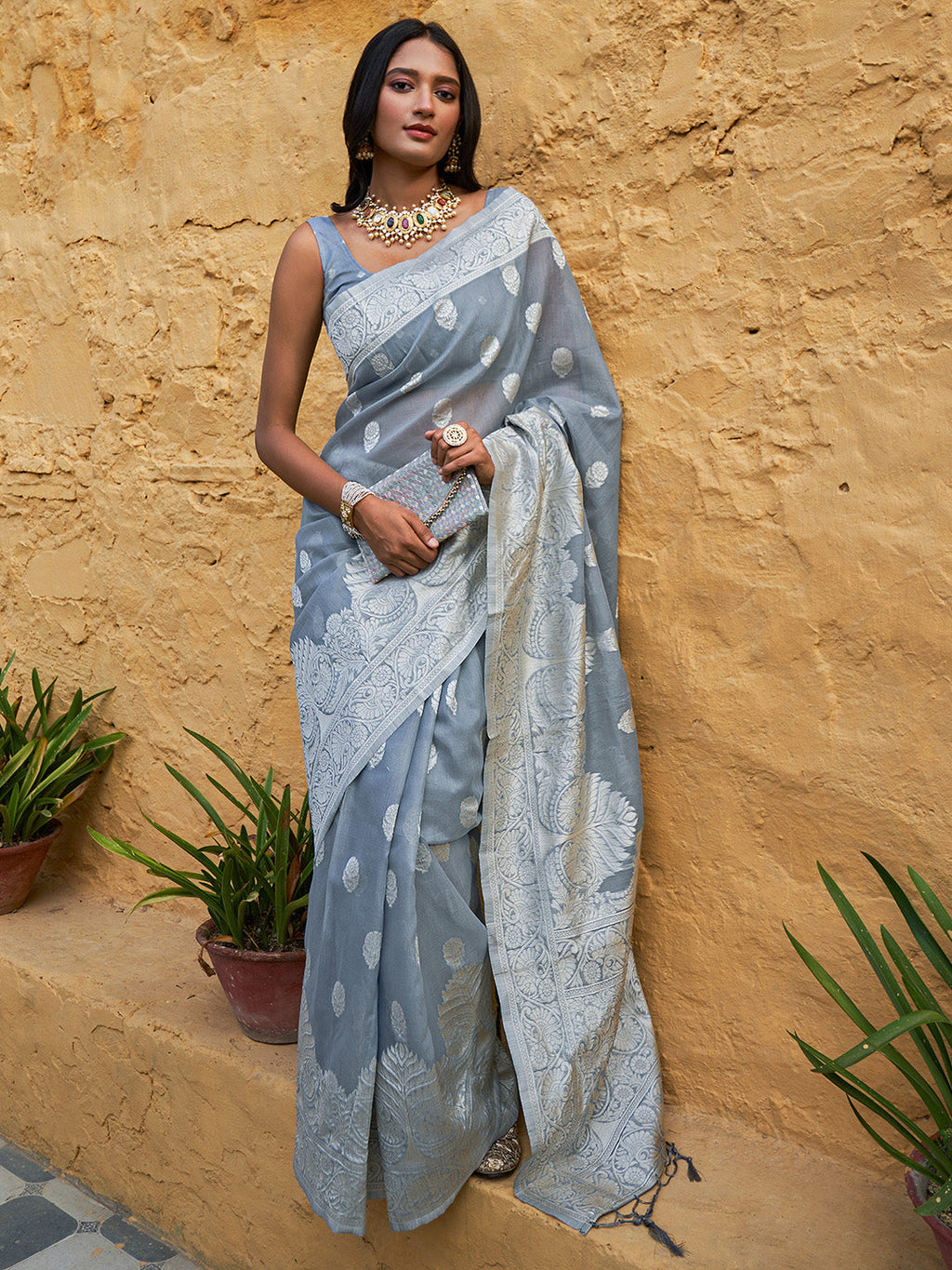 Janasya Grey Linen Cotton Woven Floral Design Woven Design Saree - Distacart