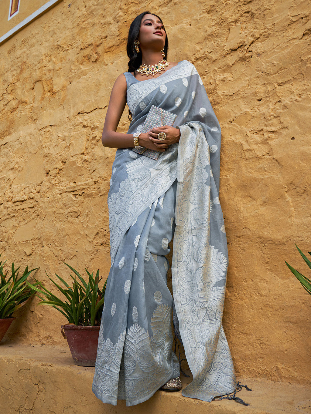 Janasya Grey Linen Cotton Woven Floral Design Woven Design Saree - Distacart