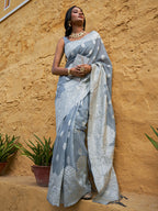 Janasya Grey Linen Cotton Woven Floral Design Woven Design Saree - Distacart