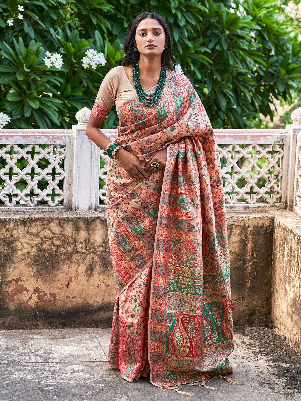 Janasya Beige Cotton Silk Pashmina Woven Design Saree - Distacart