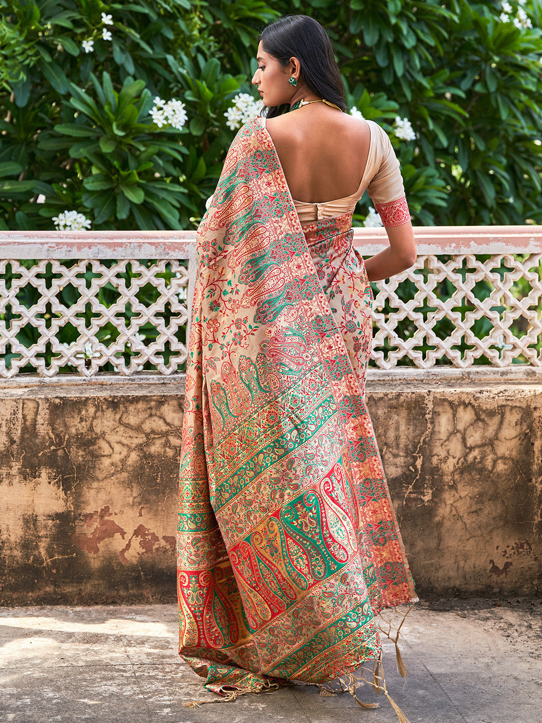 Janasya Beige Cotton Silk Pashmina Woven Design Saree - Distacart