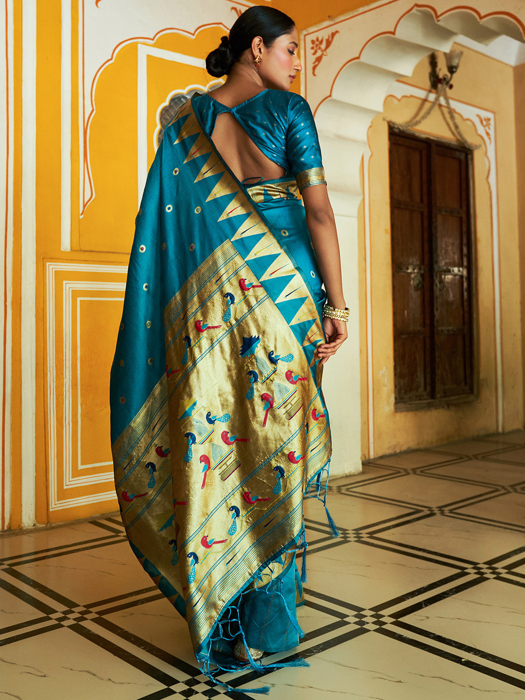 Janasya Teal Paithani Silk Ethnic Motifs Paithani Silk Saree