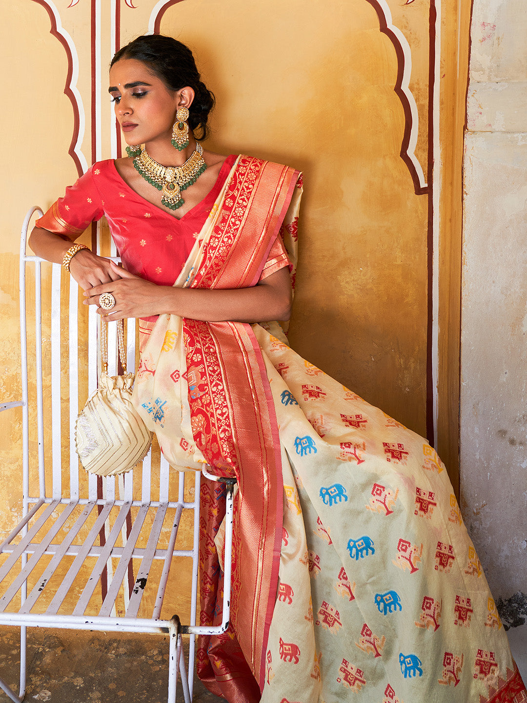 Janasya Beige Cotton Silk Woven Design Patola Saree