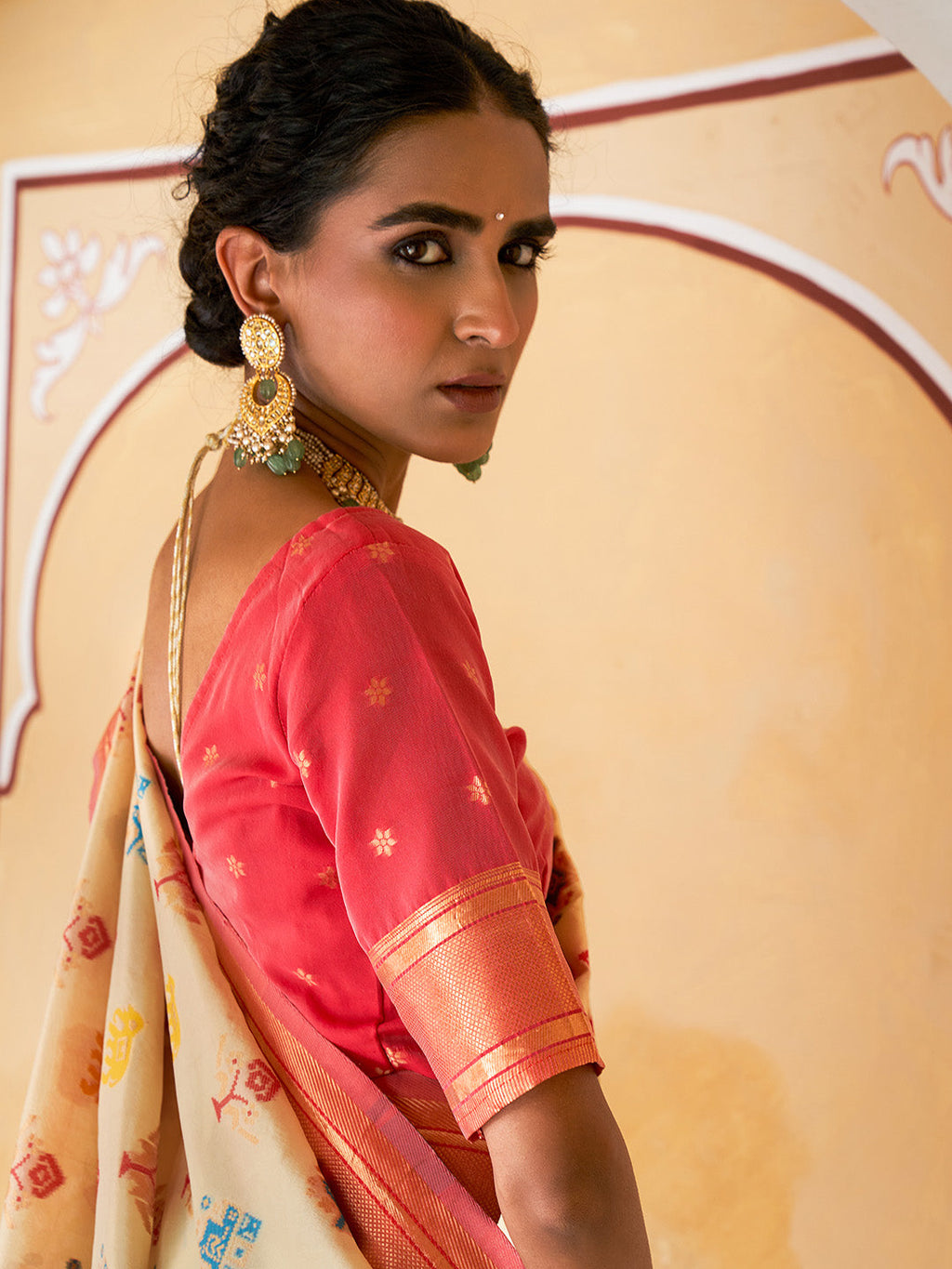 Janasya Beige Cotton Silk Woven Design Patola Saree