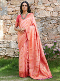 Janasya Peach Banarasi Silk Woven Dual Tone Floral Design Banarasi Silk Saree