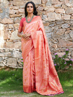 Janasya Peach Banarasi Silk Woven Dual Tone Floral Design Banarasi Silk Saree