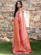 Janasya Peach Banarasi Silk Woven Dual Tone Floral Design Banarasi Silk Saree