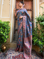 Janasya Grey Banarasi Silk Woven Dual Tone Floral Design Banarasi Silk Saree