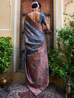 Janasya Grey Banarasi Silk Woven Dual Tone Floral Design Banarasi Silk Saree