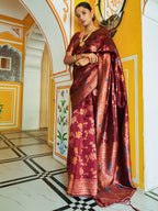 Janasya Maroon Banarasi Silk Woven Dual Tone Floral Design Banarasi Silk Saree