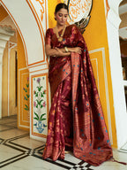 Janasya Maroon Banarasi Silk Woven Dual Tone Floral Design Banarasi Silk Saree