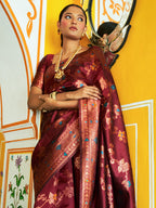 Janasya Maroon Banarasi Silk Woven Dual Tone Floral Design Banarasi Silk Saree