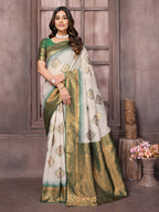 Janasya Beige & Green Cotton Linen Ethnic Print Kanjivaram Saree - Distacart