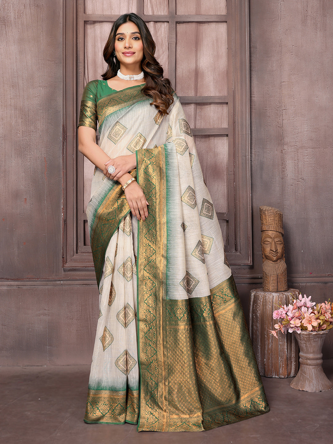Janasya Beige & Green Cotton Linen Ethnic Print Kanjivaram Saree - Distacart