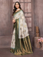 Janasya Beige & Green Cotton Linen Ethnic Print Kanjivaram Saree - Distacart