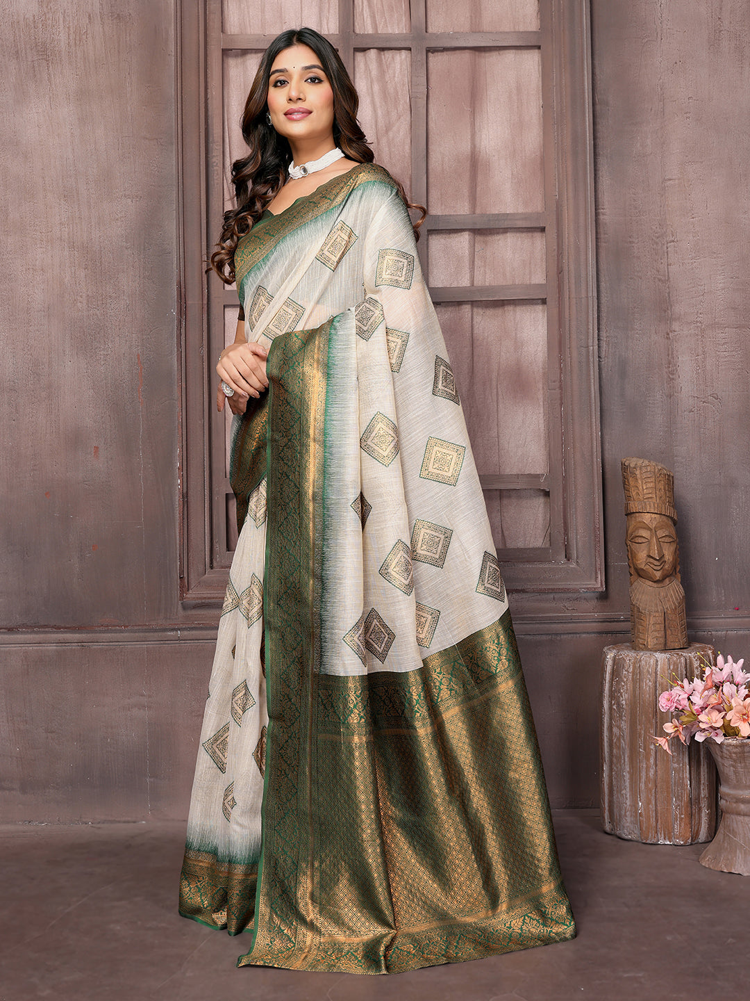 Janasya Beige & Green Cotton Linen Ethnic Print Kanjivaram Saree - Distacart