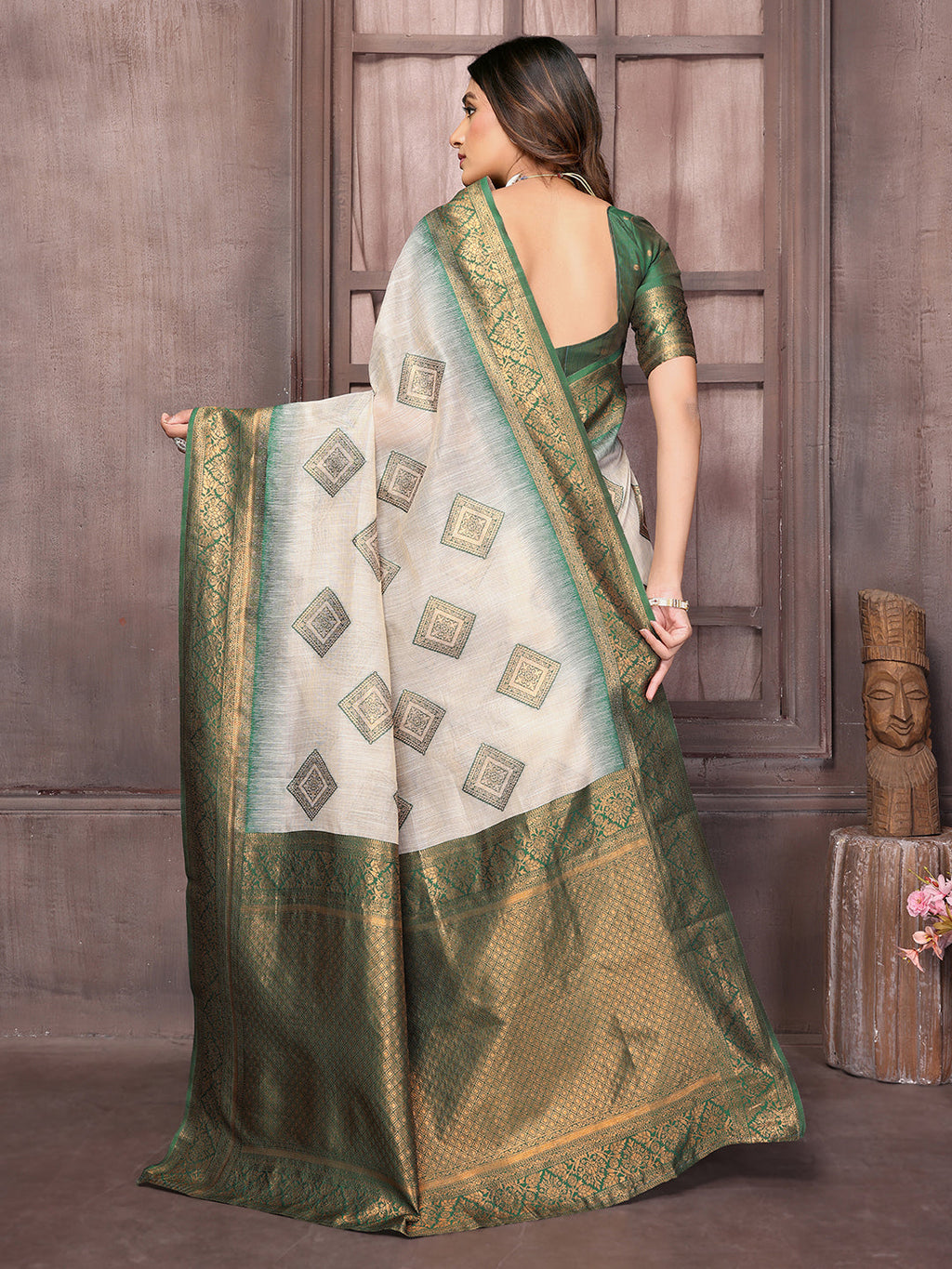 Janasya Beige & Green Cotton Linen Ethnic Print Kanjivaram Saree - Distacart