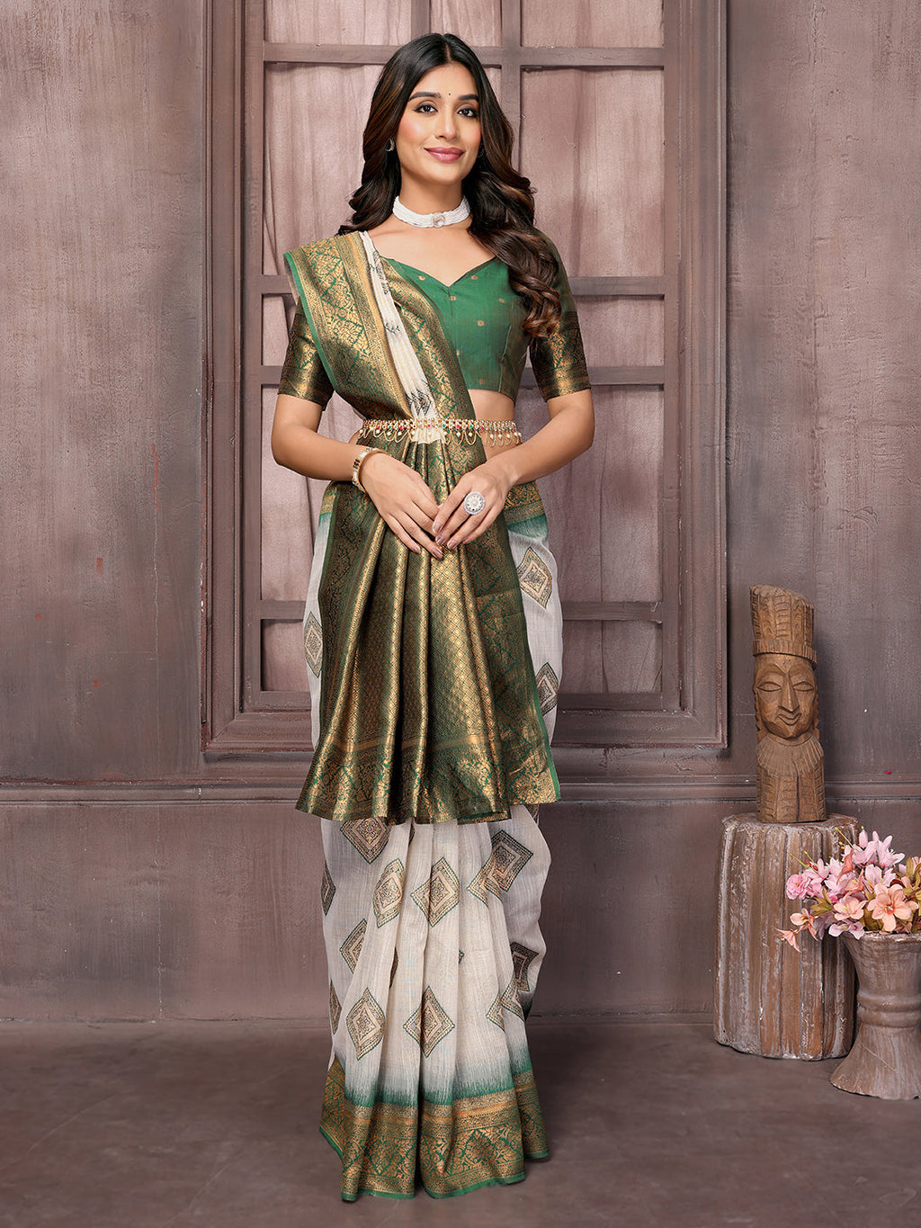 Janasya Beige & Green Cotton Linen Ethnic Print Kanjivaram Saree - Distacart