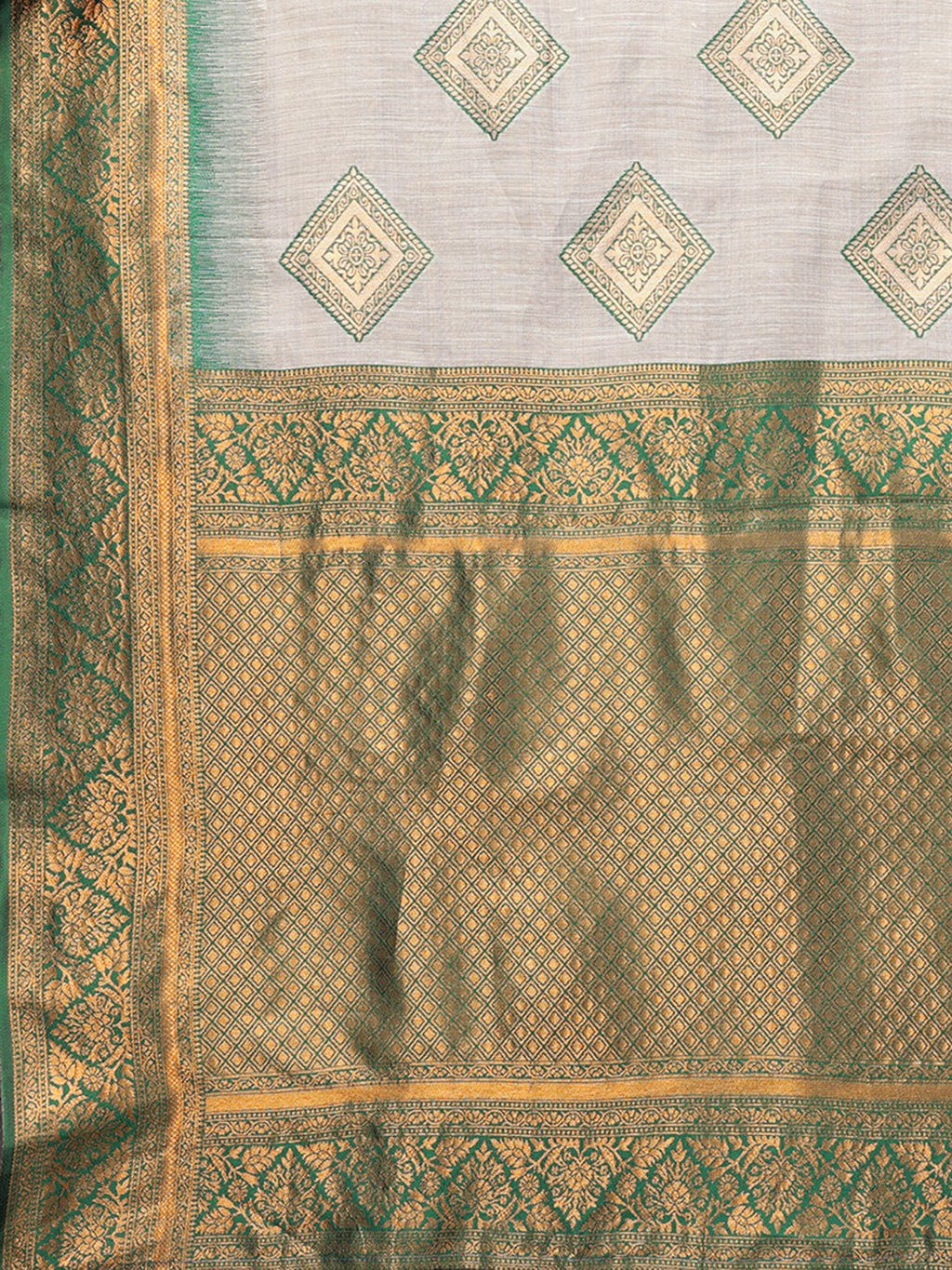 Janasya Beige & Green Cotton Linen Ethnic Print Kanjivaram Saree - Distacart