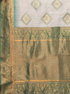 Janasya Beige & Green Cotton Linen Ethnic Print Kanjivaram Saree - Distacart