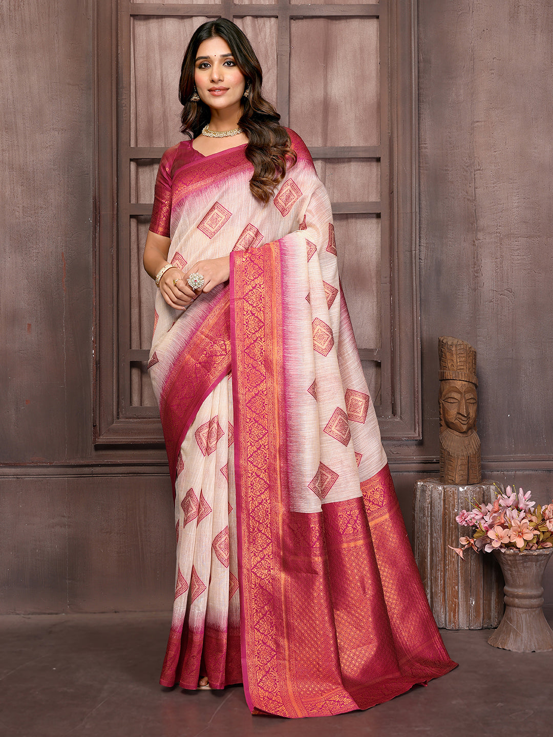 Janasya Beige & Wine Cotton Linen Ethnic Motifs Kanjivaram Saree - Distacart