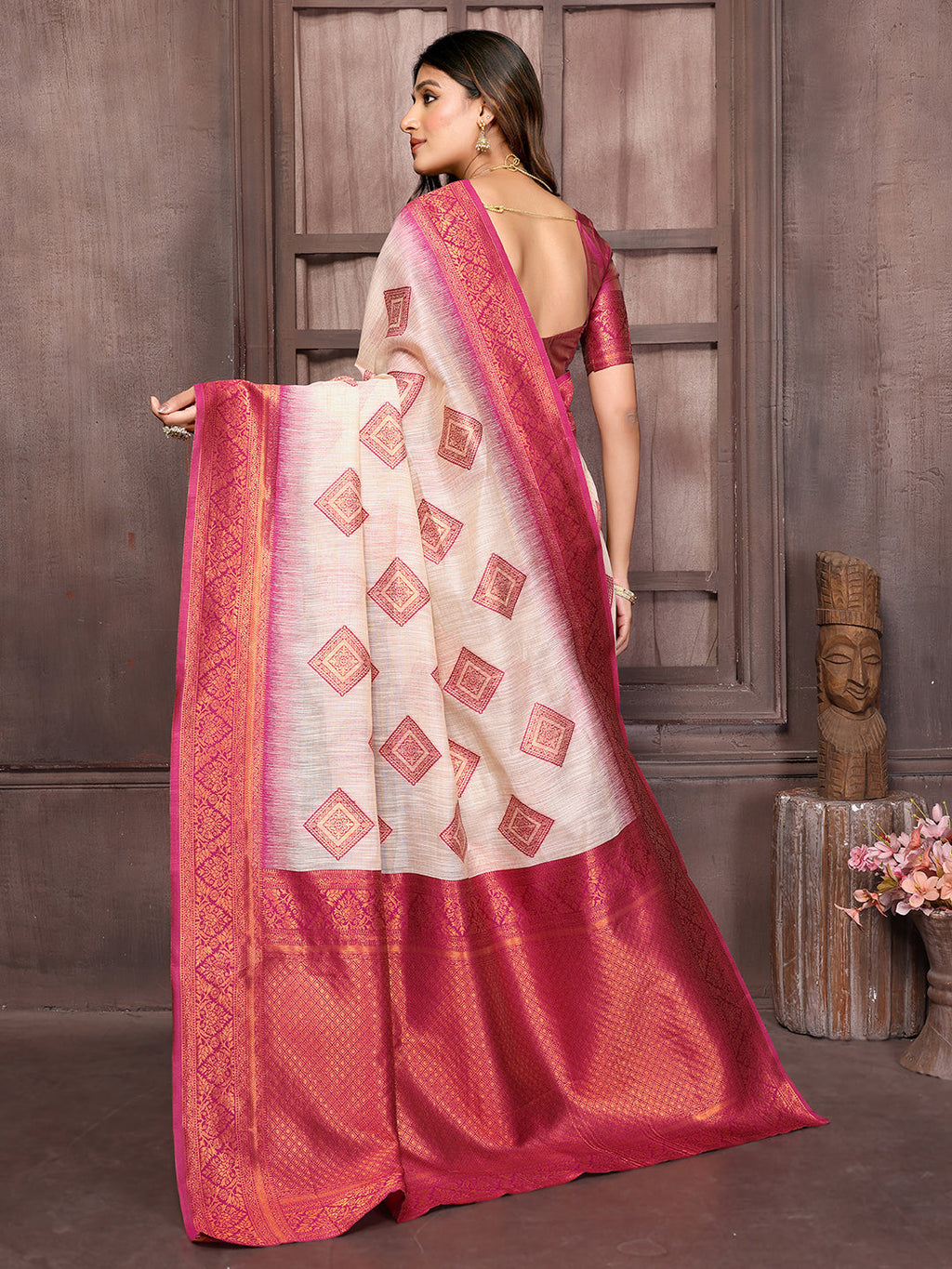 Janasya Beige & Wine Cotton Linen Ethnic Motifs Kanjivaram Saree - Distacart