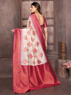 Janasya Beige & Wine Cotton Linen Ethnic Motifs Kanjivaram Saree - Distacart