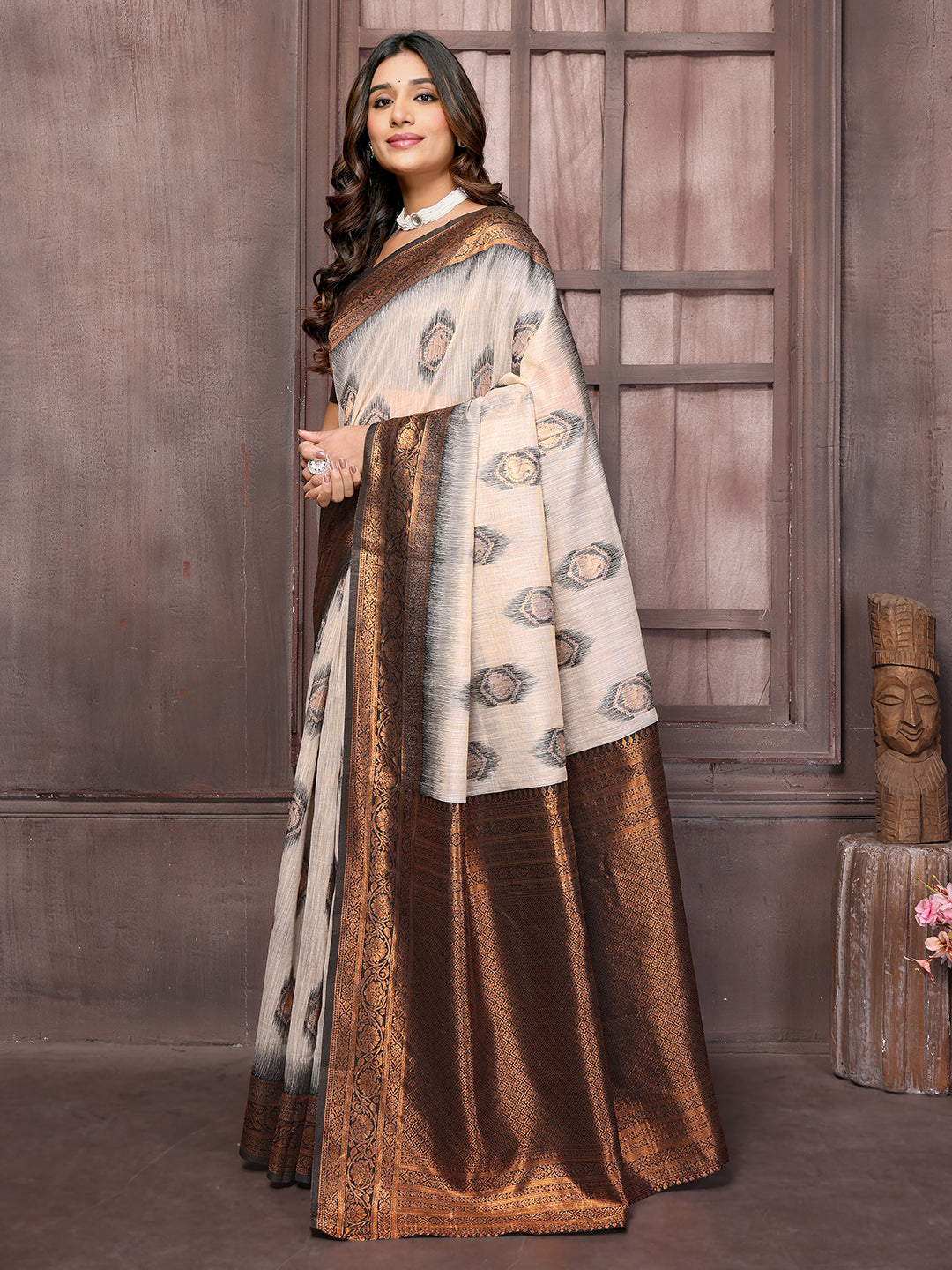 Janasya Beige & Brown Cotton Linen Ethnic Motifs Kanjivaram Saree - Distacart