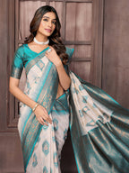 Janasya Beige & Teal Blue Cotton Linen Ethnic Motifs Kanjivaram Saree - Distacart