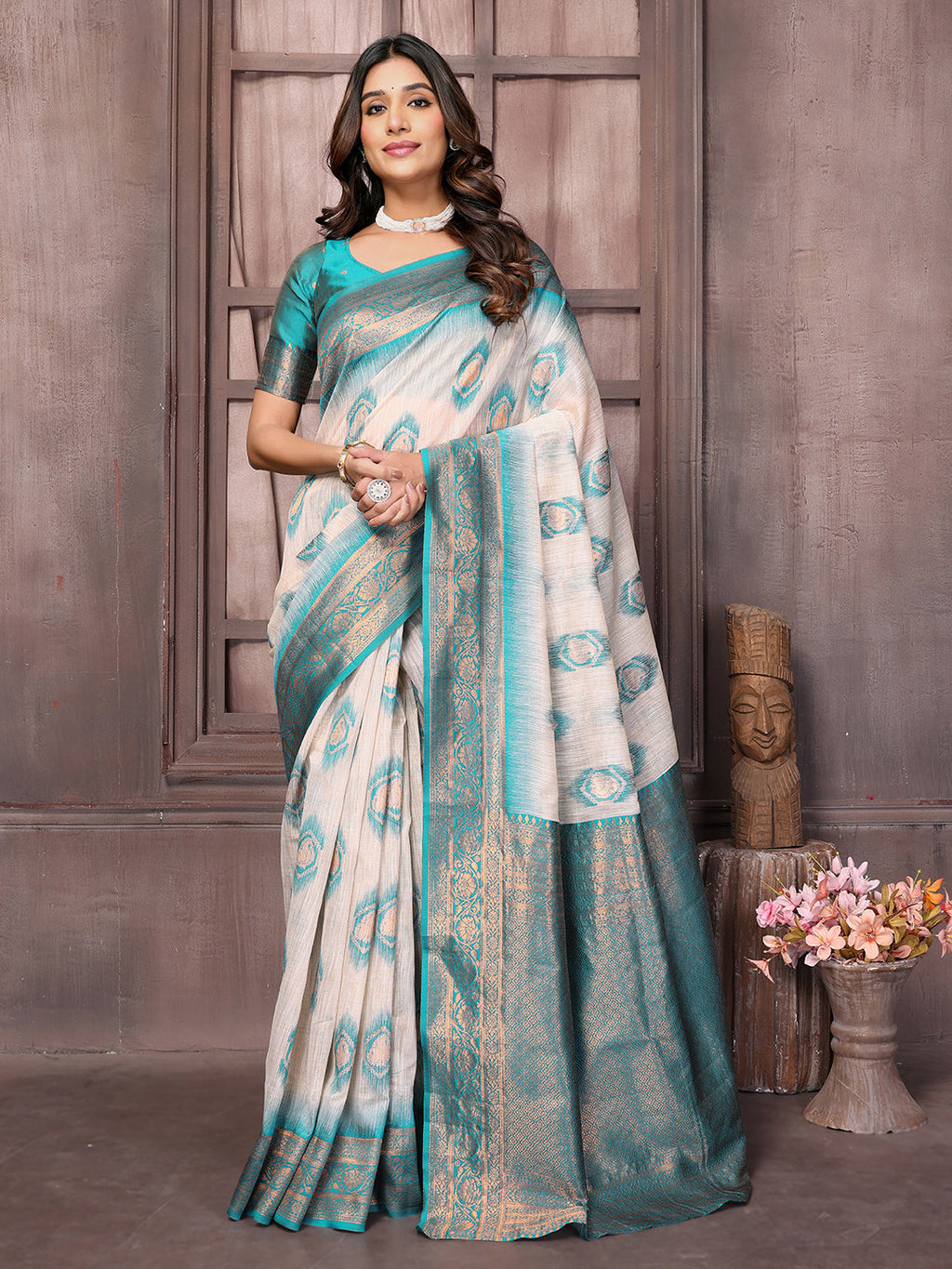 Janasya Beige & Teal Blue Cotton Linen Ethnic Motifs Kanjivaram Saree - Distacart