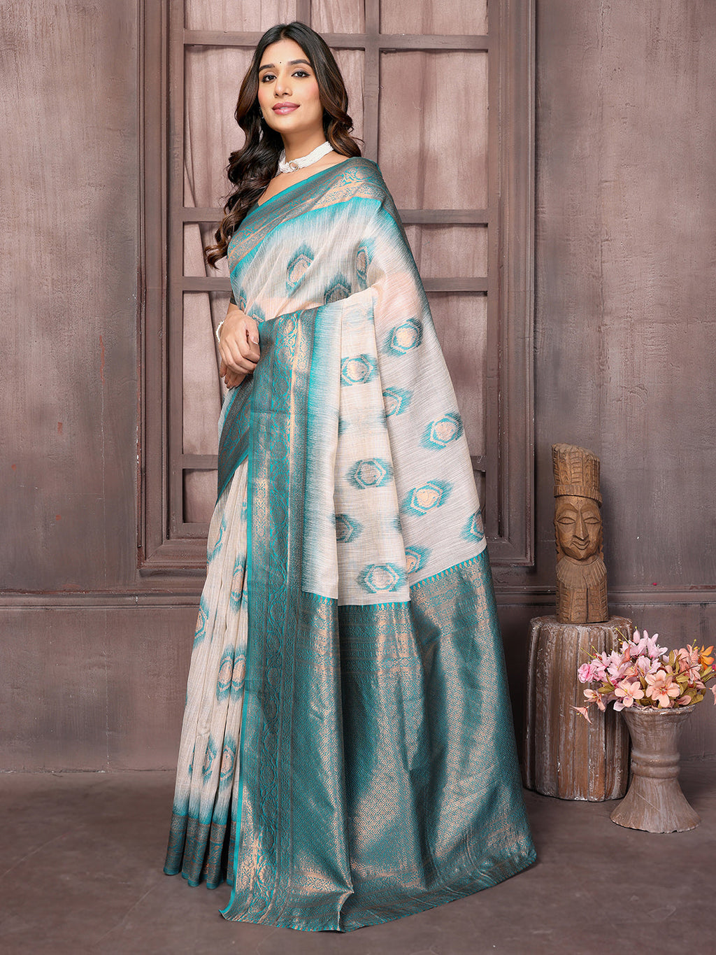 Janasya Beige & Teal Blue Cotton Linen Ethnic Motifs Kanjivaram Saree - Distacart