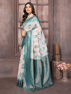 Janasya Beige & Teal Blue Cotton Linen Ethnic Motifs Kanjivaram Saree - Distacart