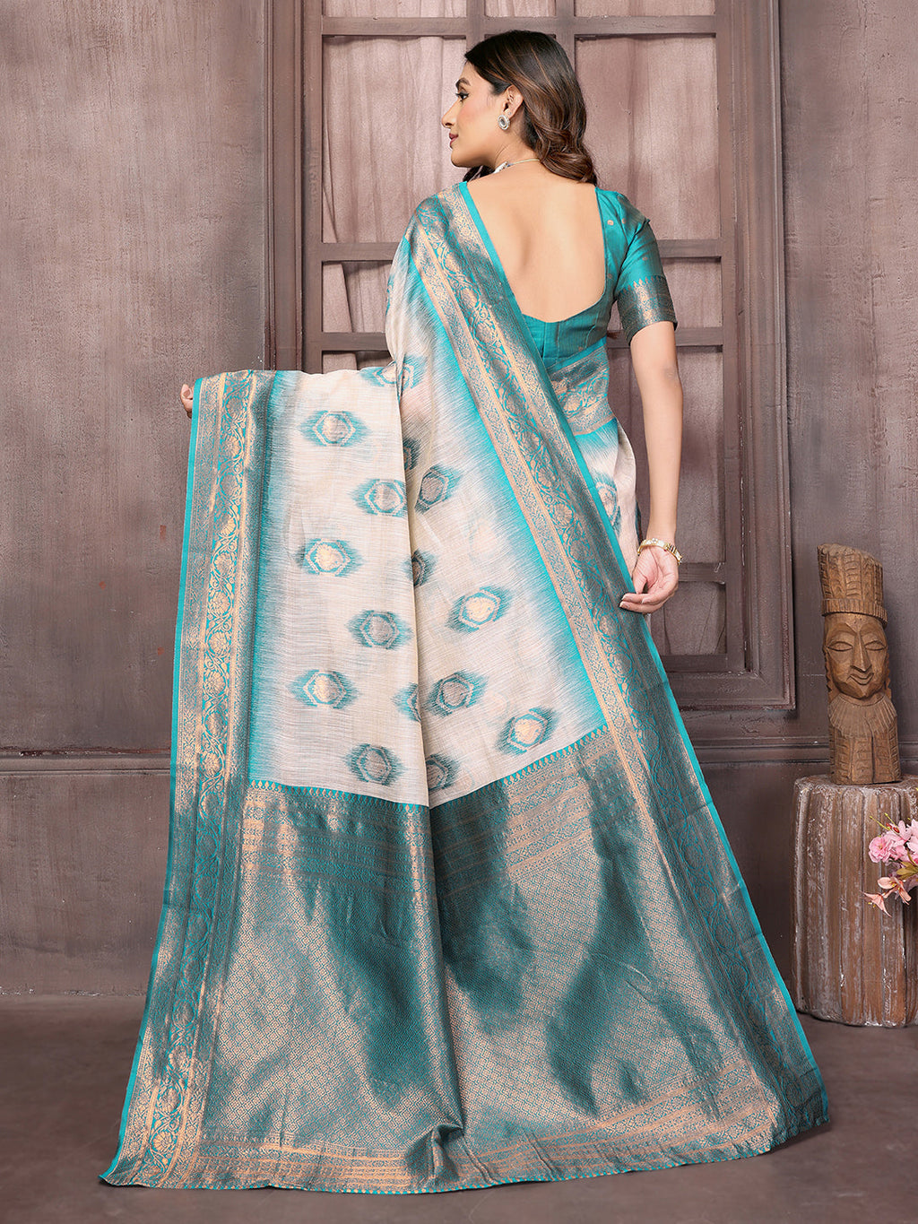 Janasya Beige & Teal Blue Cotton Linen Ethnic Motifs Kanjivaram Saree - Distacart