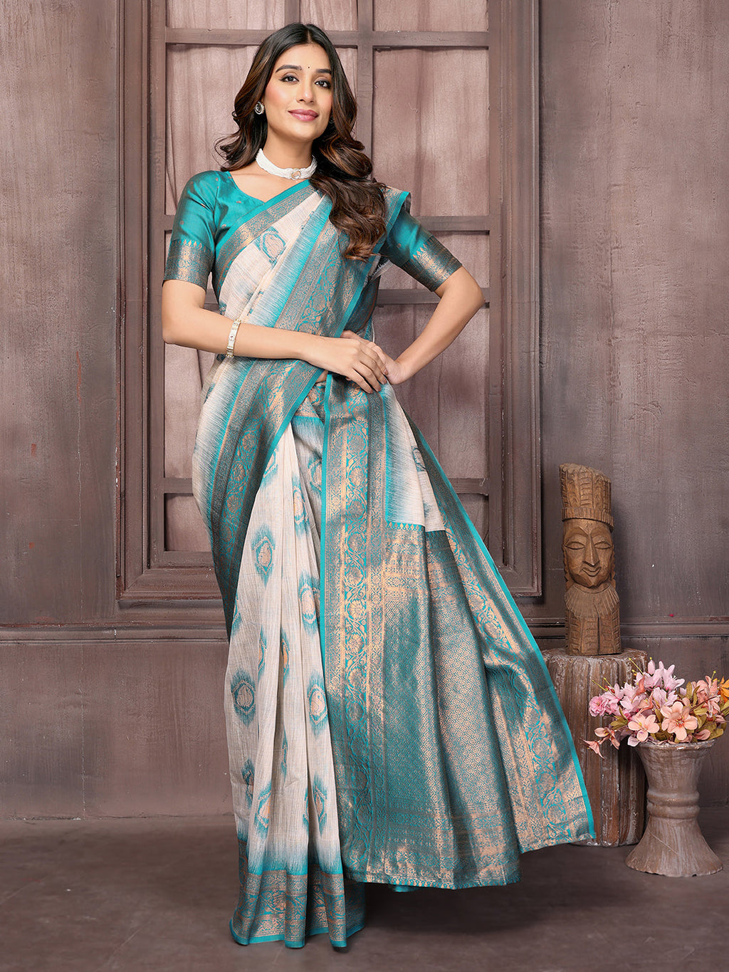 Janasya Beige & Teal Blue Cotton Linen Ethnic Motifs Kanjivaram Saree - Distacart