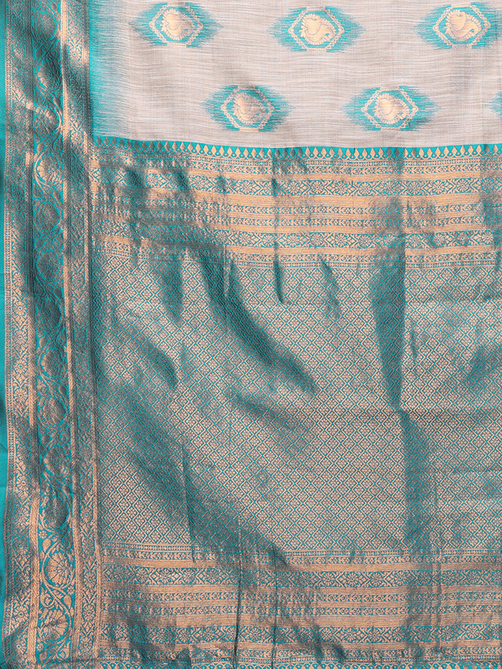 Janasya Beige & Teal Blue Cotton Linen Ethnic Motifs Kanjivaram Saree - Distacart