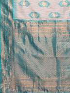 Janasya Beige & Teal Blue Cotton Linen Ethnic Motifs Kanjivaram Saree - Distacart