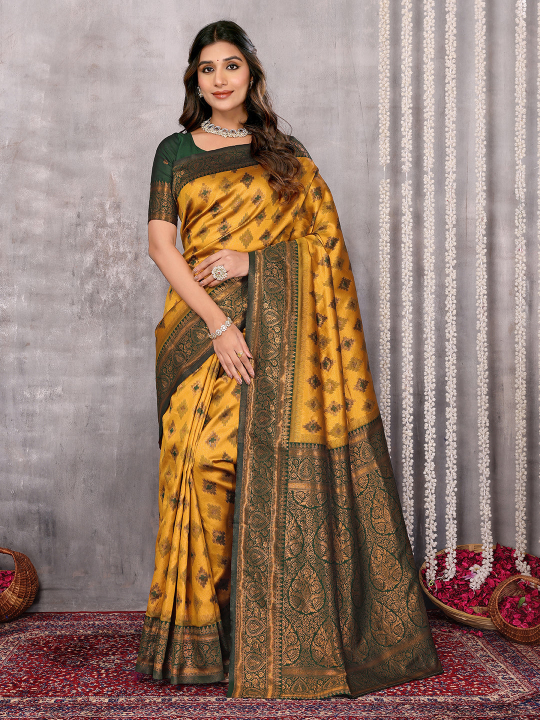 Janasya Mustard Silk Blend Ethnic Motifs Kanjivaram Saree - Distacart