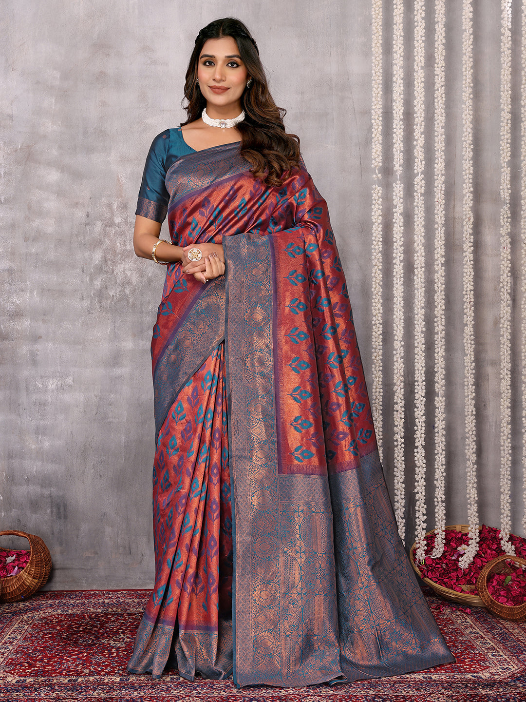Janasya Purple & Copper Silk Blend Ethnic Motifs Kanjivaram Saree - Distacart