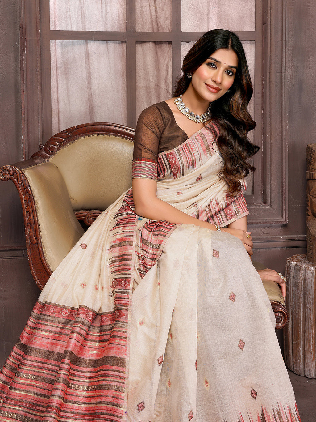 Janasya Beige Chanderi Geometric Woven Saree - Distacart