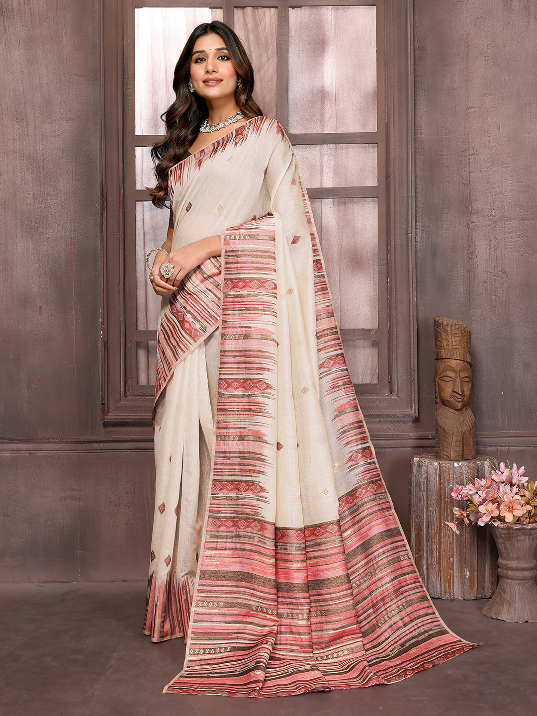 Janasya Beige Chanderi Geometric Woven Saree - Distacart